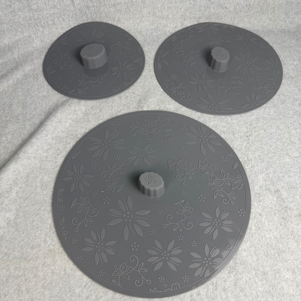 Temp-Tations by Tara Silicone Suction Lids Gray Floral 3pc Set Reusable Covers